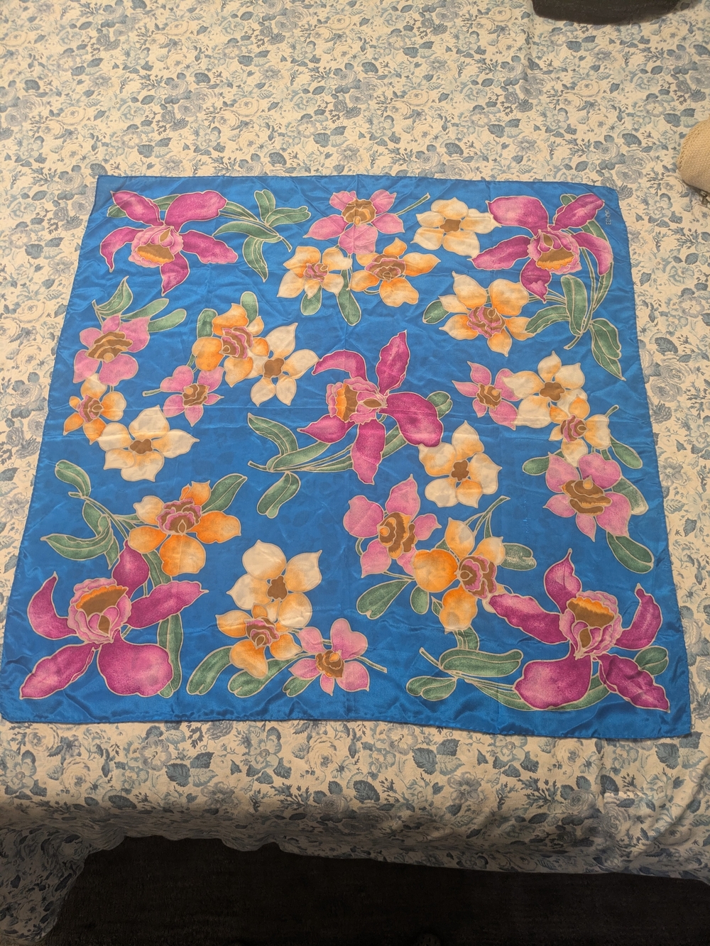 Echo Blue Floral Square Scarf with Pink and Yellow Blooms